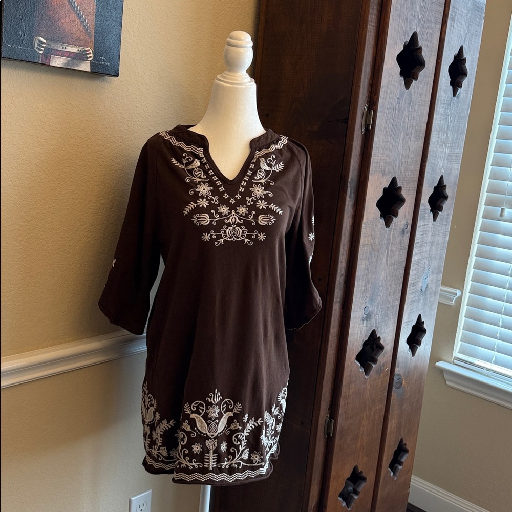 Johnny Was Brown Tunic with White Embroidery Women's XS